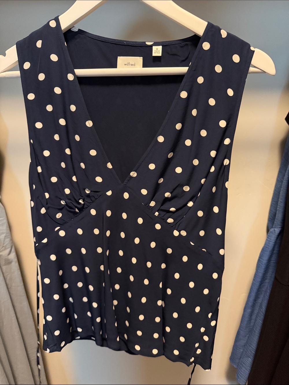 Aritzia Wilfred Navy and White Polka Dot V-Neck Camisole